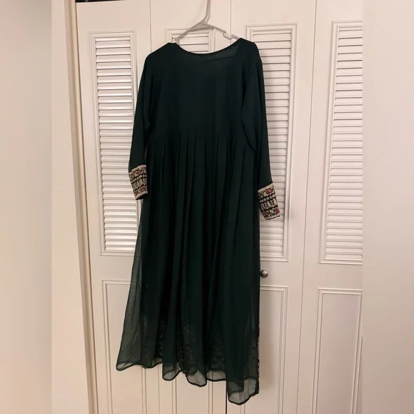 3 Pcs Dark Green Womens Embroidered Long Frock Pakistani Indian Size Medium - Picture 4 of 6
